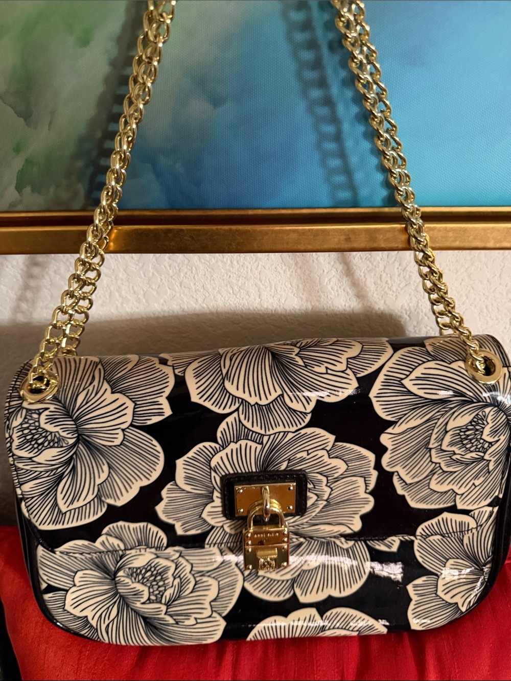 Anne Klein Black Floral Patent Crossbody with Gold Chain